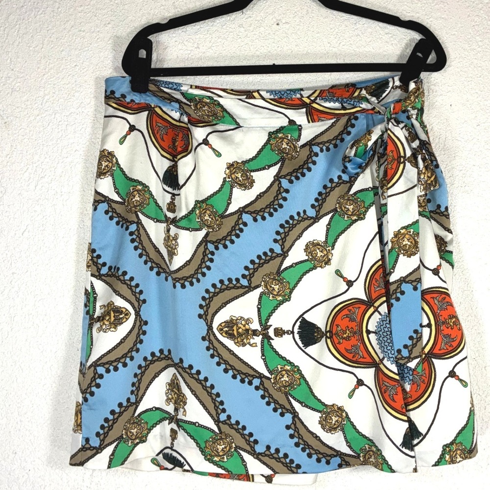 Tommy Hilfiger Nautical Scarf Print Wrap Mini Skirt Blue Gold Chain Tassel 12